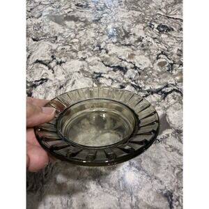 Vintage Smoky Gray Glass Ashtray Ribbed Rim Design Round Dish 4.5 Inch